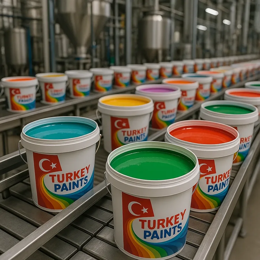 Custom Turkey Paints branded buckets on a production line